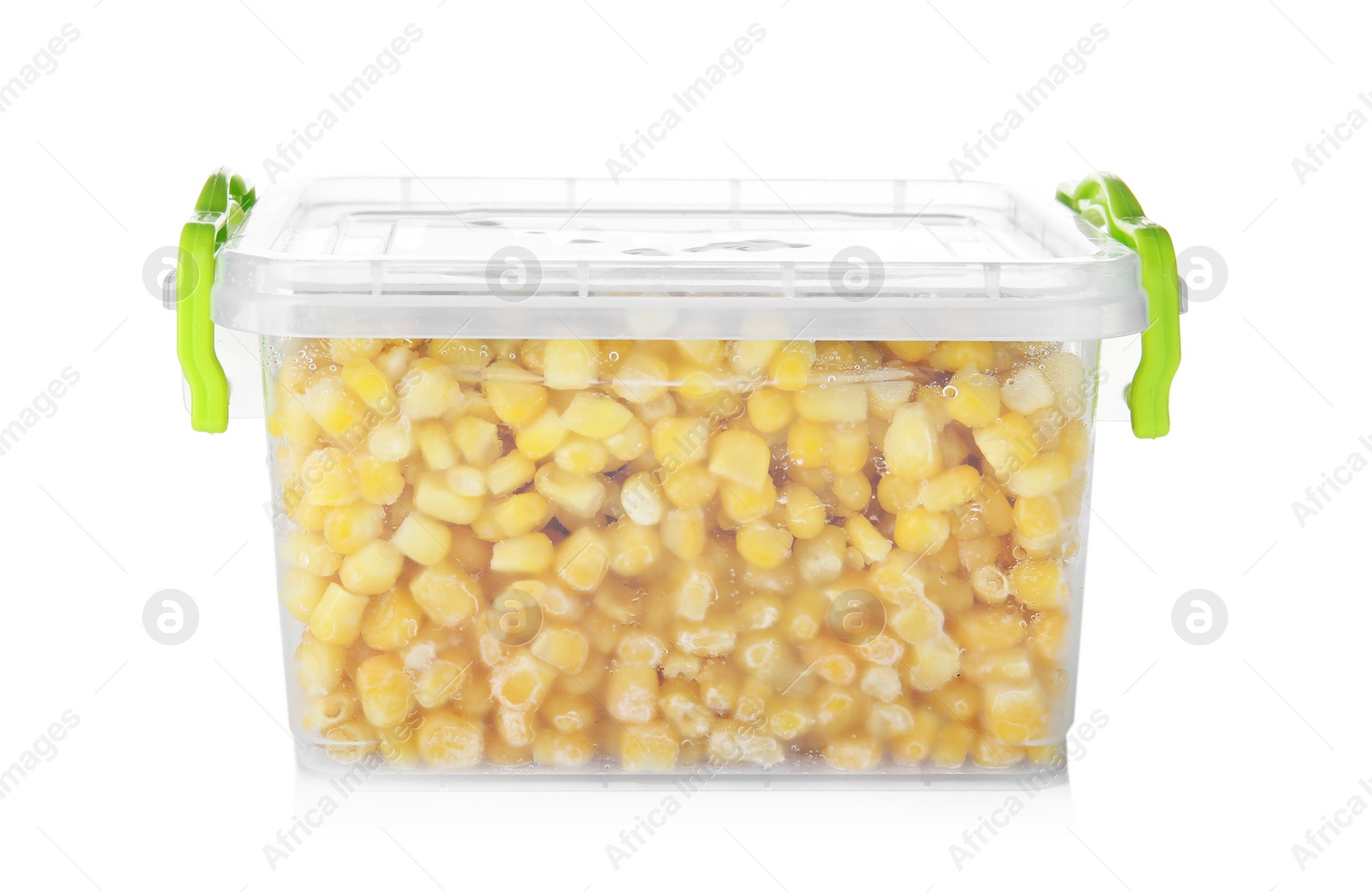 Photo of Plastic container with frozen corn on white background. Vegetable preservation