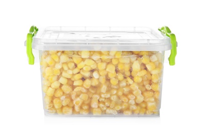 Photo of Plastic container with frozen corn on white background. Vegetable preservation