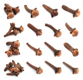 Image of Set with aromatic dried cloves on white background 