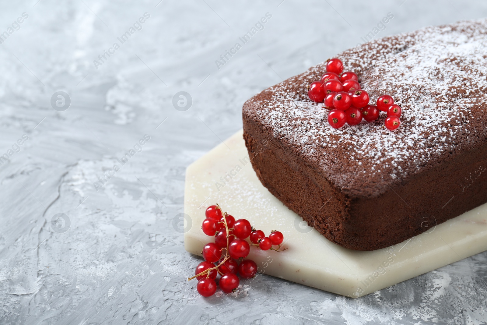 Photo of Tasty chocolate sponge cake with powdered sugar and currant on light grey textured table, closeup. Space for text