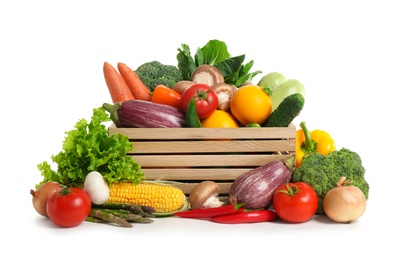 Photo of Wooden crate with fresh vegetables on white background