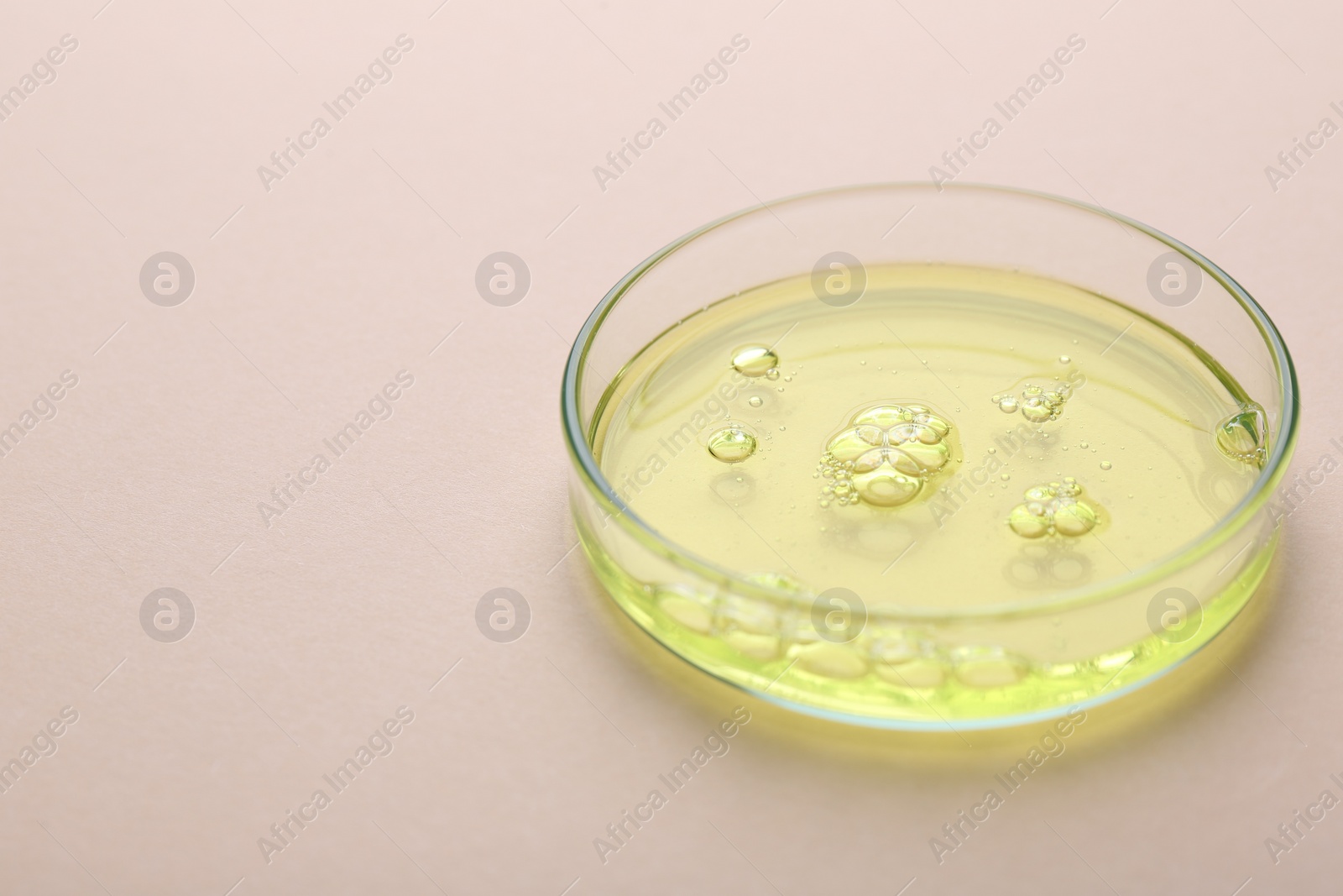Photo of Petri dish with color liquid sample on beige background, closeup. Space for text