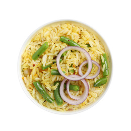 Photo of Tasty rice pilaf with green beans and onion isolated on white, top view