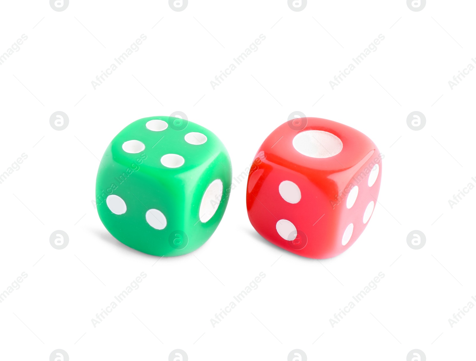 Photo of Two color game dices isolated on white