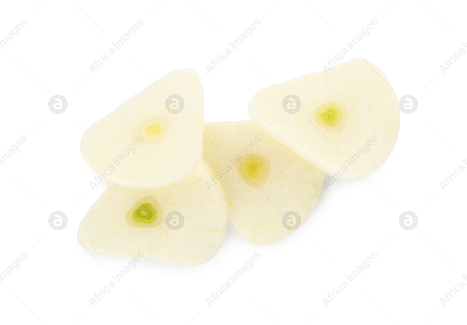 Photo of Pieces of fresh garlic isolated on white, top view