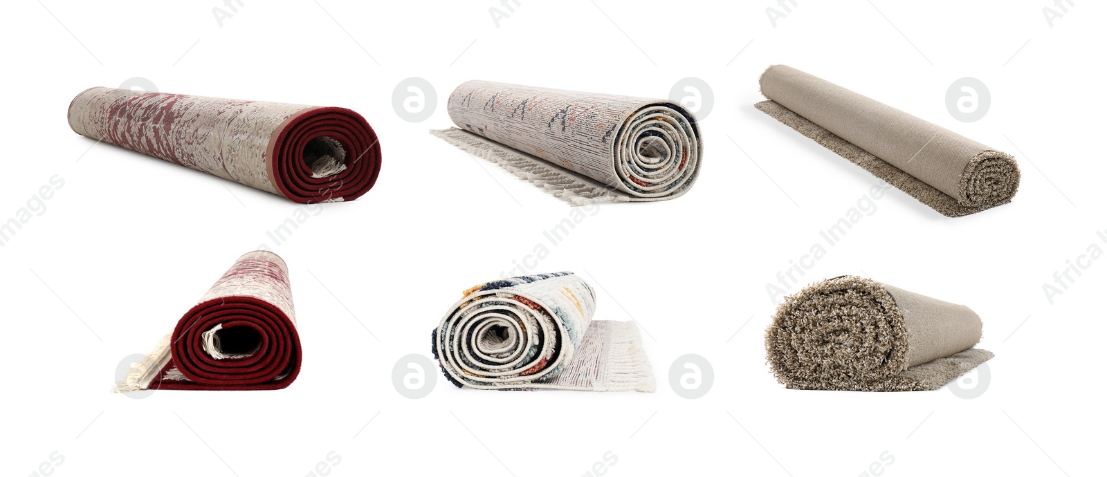 Image of Many different rolled carpets isolated on white, set