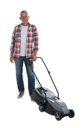 Senior man with modern lawn mower on white background