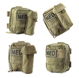 Image of Collage with military first aid kit on white background