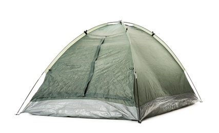 Photo of Closed grey camping tent on white background