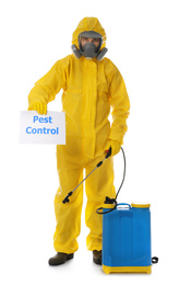 Photo of Man wearing protective suit with insecticide sprayer and sign PEST CONTROL on white background