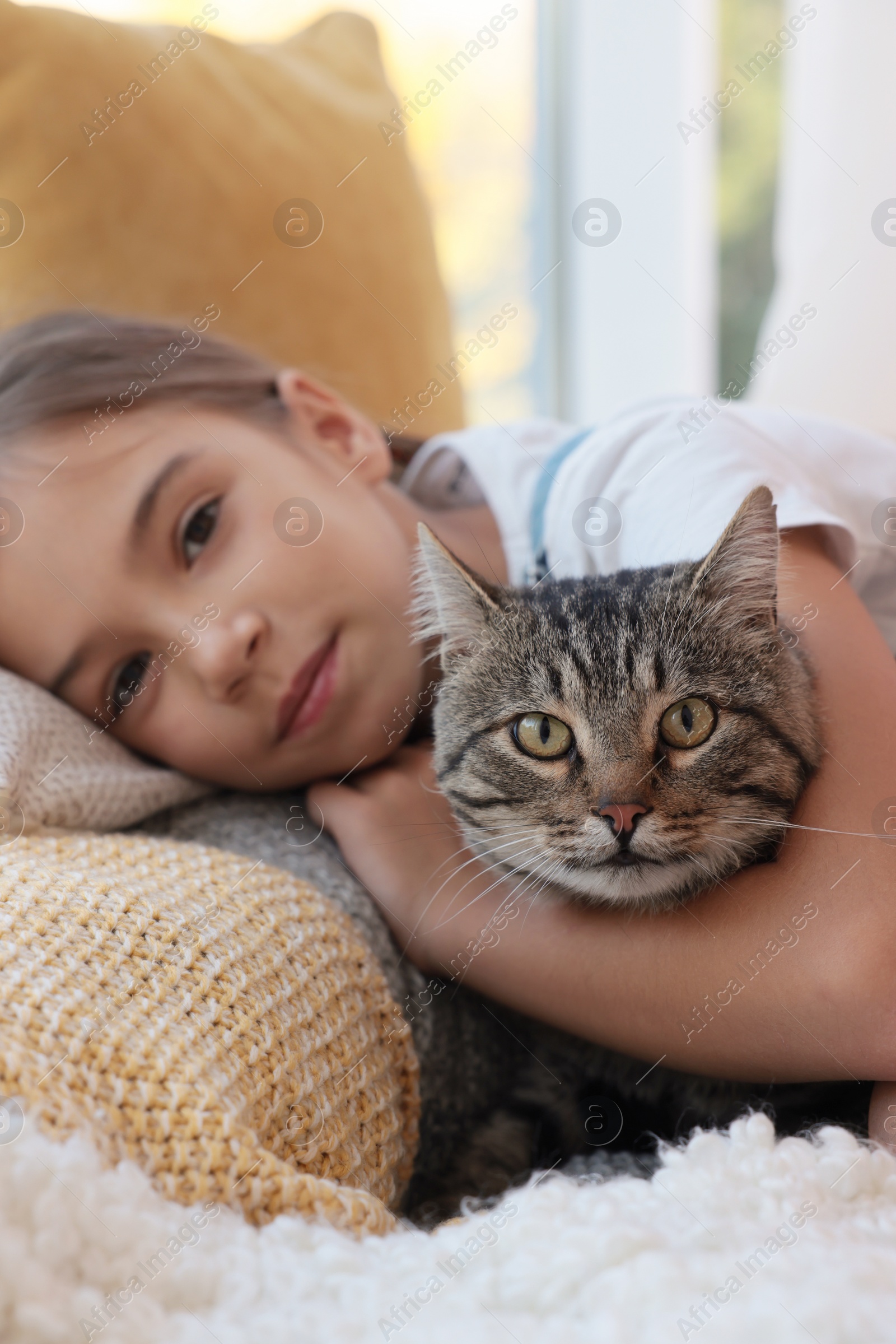 Photo of Cute little girl with her cat at home, closeup. Childhood pet