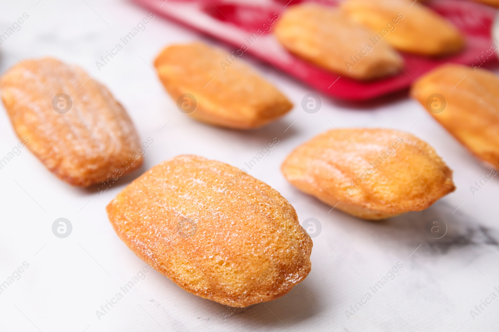 Photo of Delicious madeleine cookies and baking mold on white table, closeup