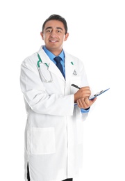 Portrait of male Hispanic doctor isolated on white. Medical staff