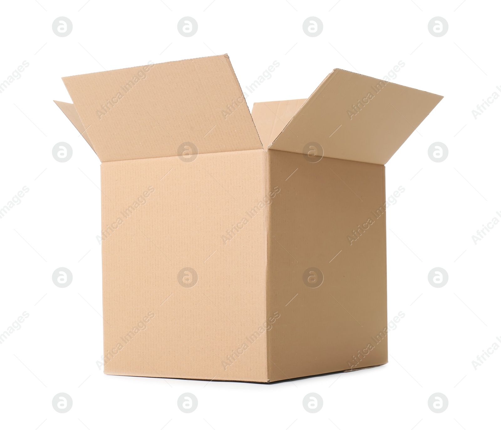 Photo of Open cardboard box on white background