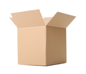 Photo of Open cardboard box on white background