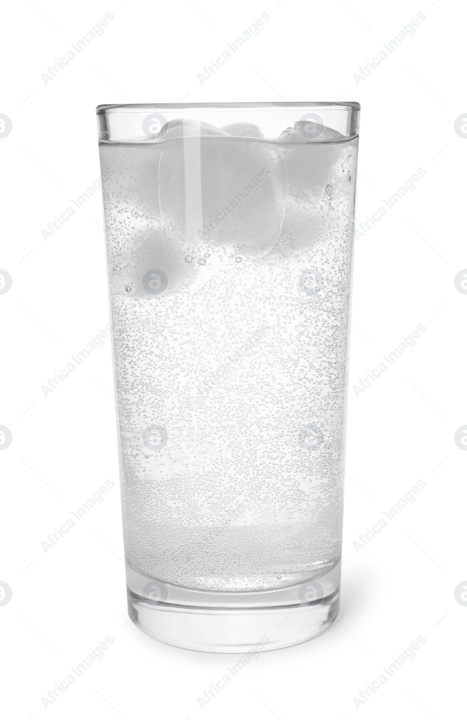 Photo of Glass of soda water with ice cubes isolated on white