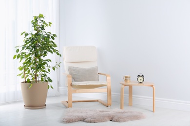 Photo of Stylish living room interior with armchair and houseplant near white wall