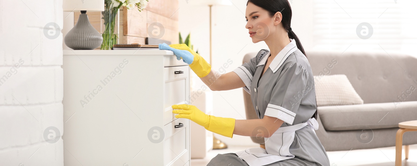 Image of Young chambermaid wiping dust from furniture in hotel room. Banner design