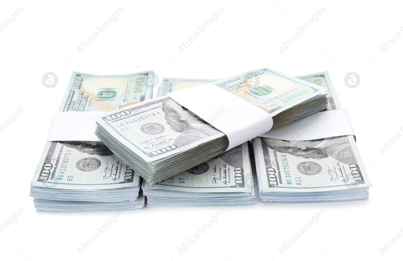 Photo of Bundles of dollar banknotes on white background. American national currency