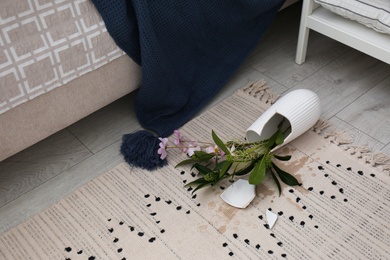 Photo of Broken vase and bouquet on floor in room