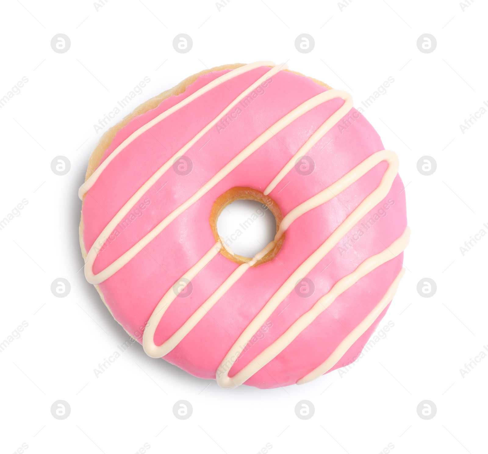 Photo of Sweet tasty glazed donut isolated on white, top view