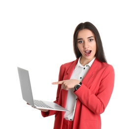 Photo of Portrait of excited young woman in office wear with laptop on white background