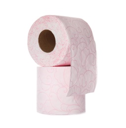 Photo of Color toilet paper rolls on white background