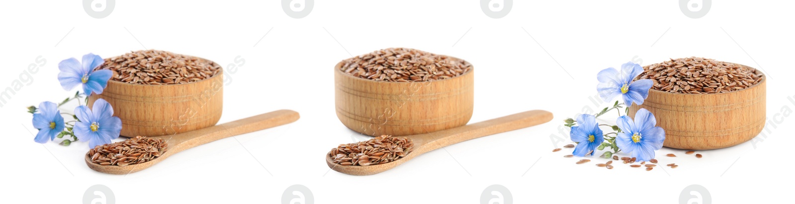 Image of Set with flax seeds and flowers on white background. Banner design