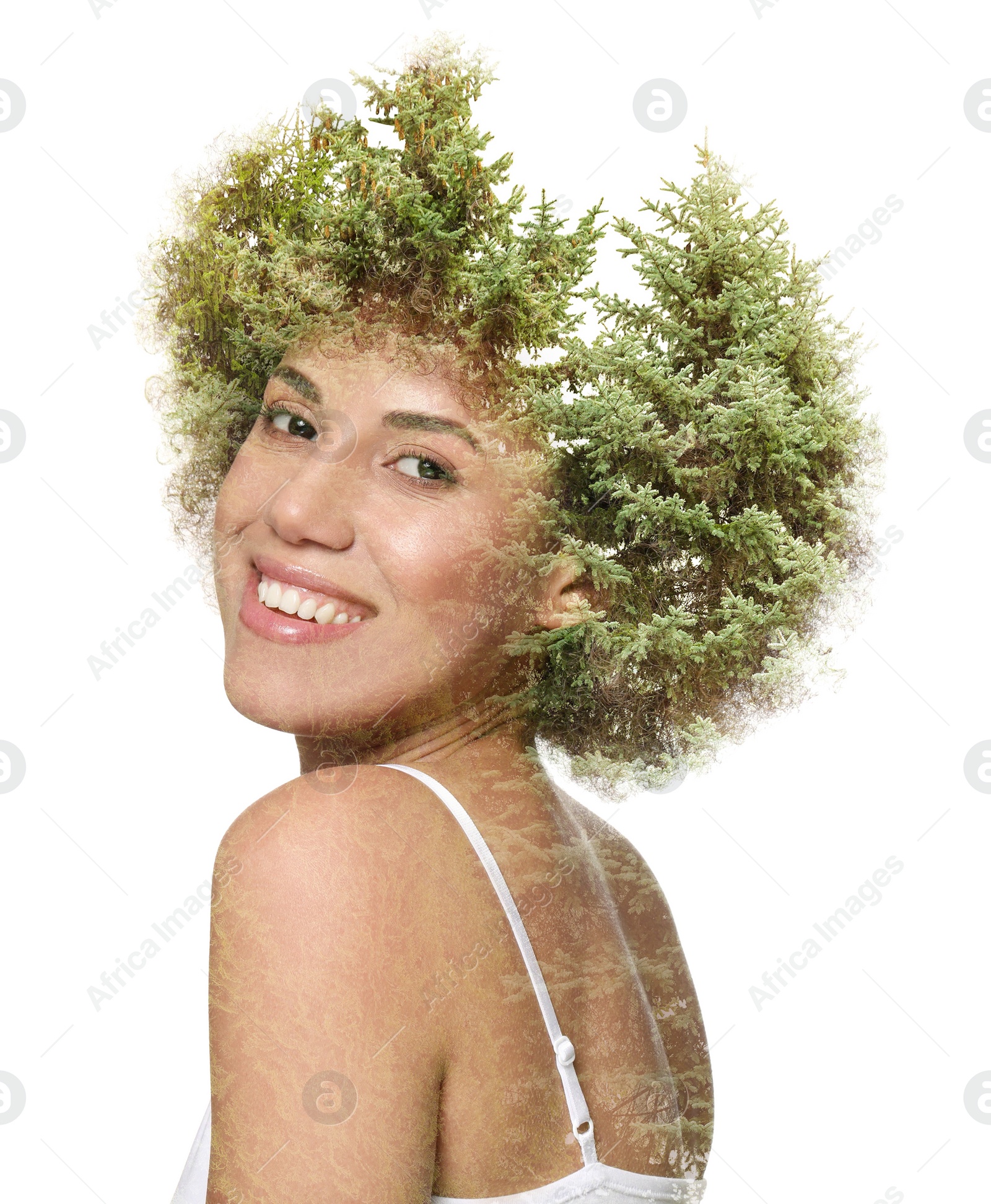 Image of Double exposure of beautiful woman and trees on white background