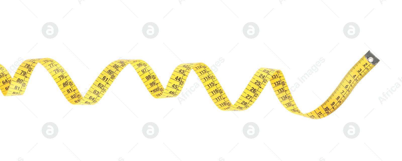 Photo of New yellow measuring tape isolated on white, top view