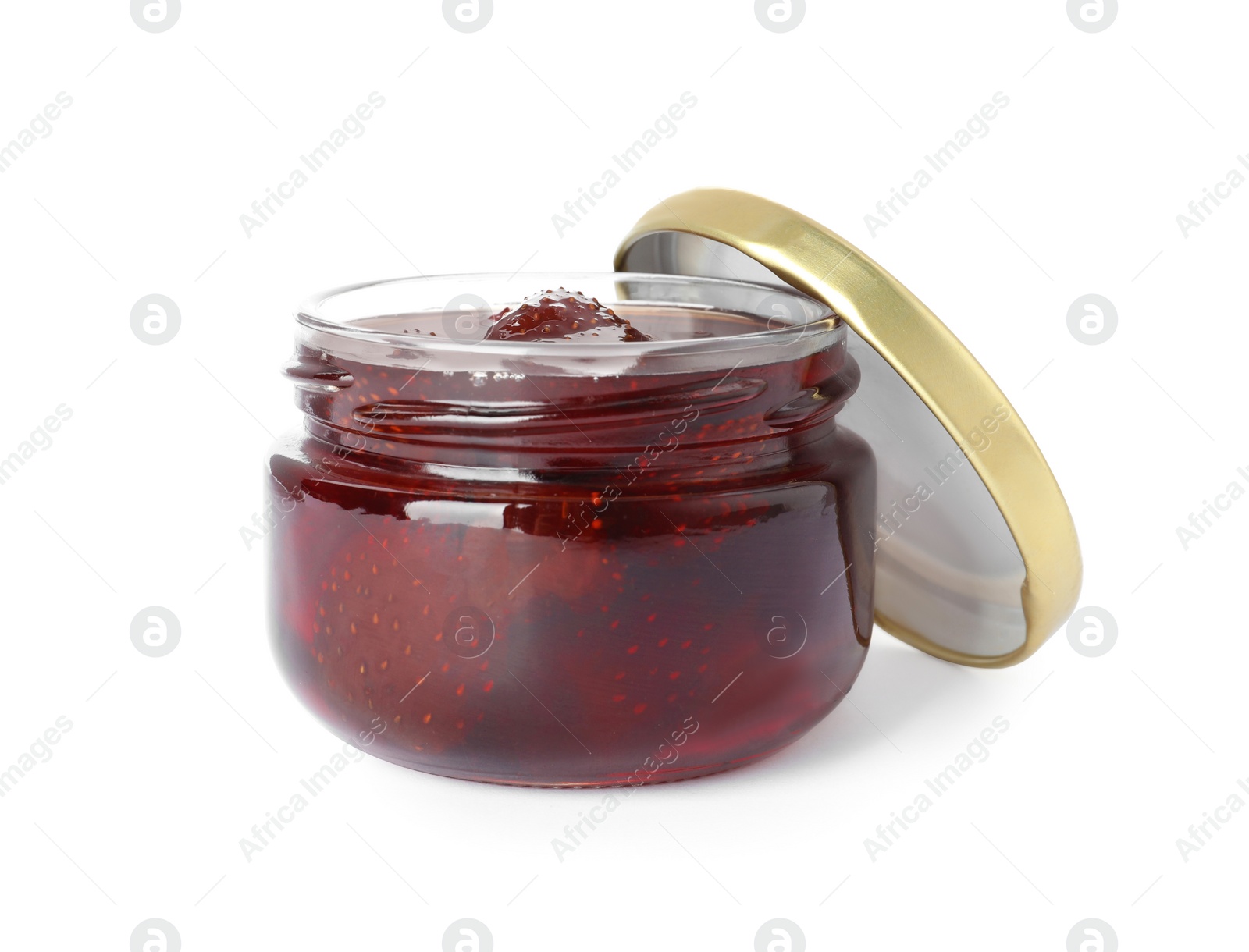 Photo of Delicious pickled strawberry jam in glass jar isolated on white