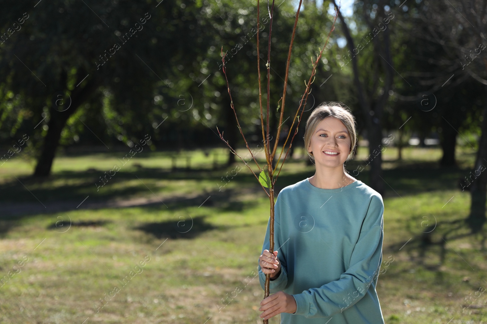 Photo of Happy woman with young tree ready for planting outdoors on sunny day