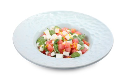 Photo of Delicious salad with watermelon, arugula and feta cheese isolated on white