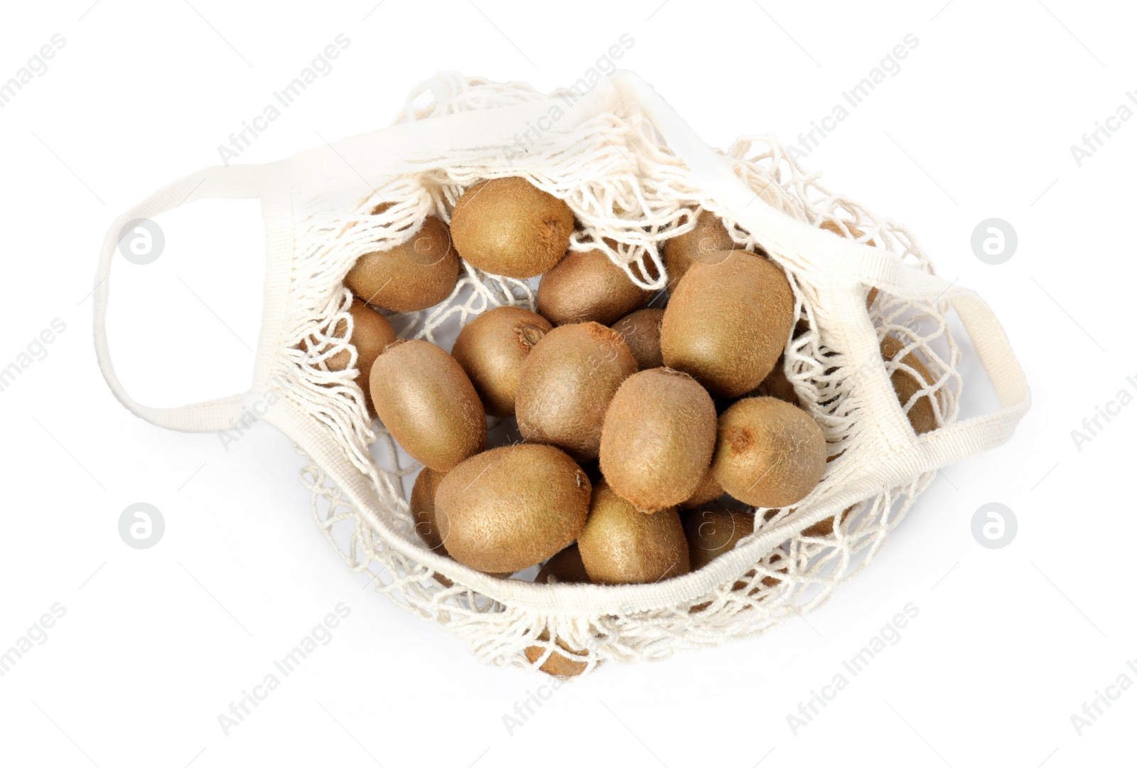 Photo of Whole fresh kiwis in net bag isolated on white, top view