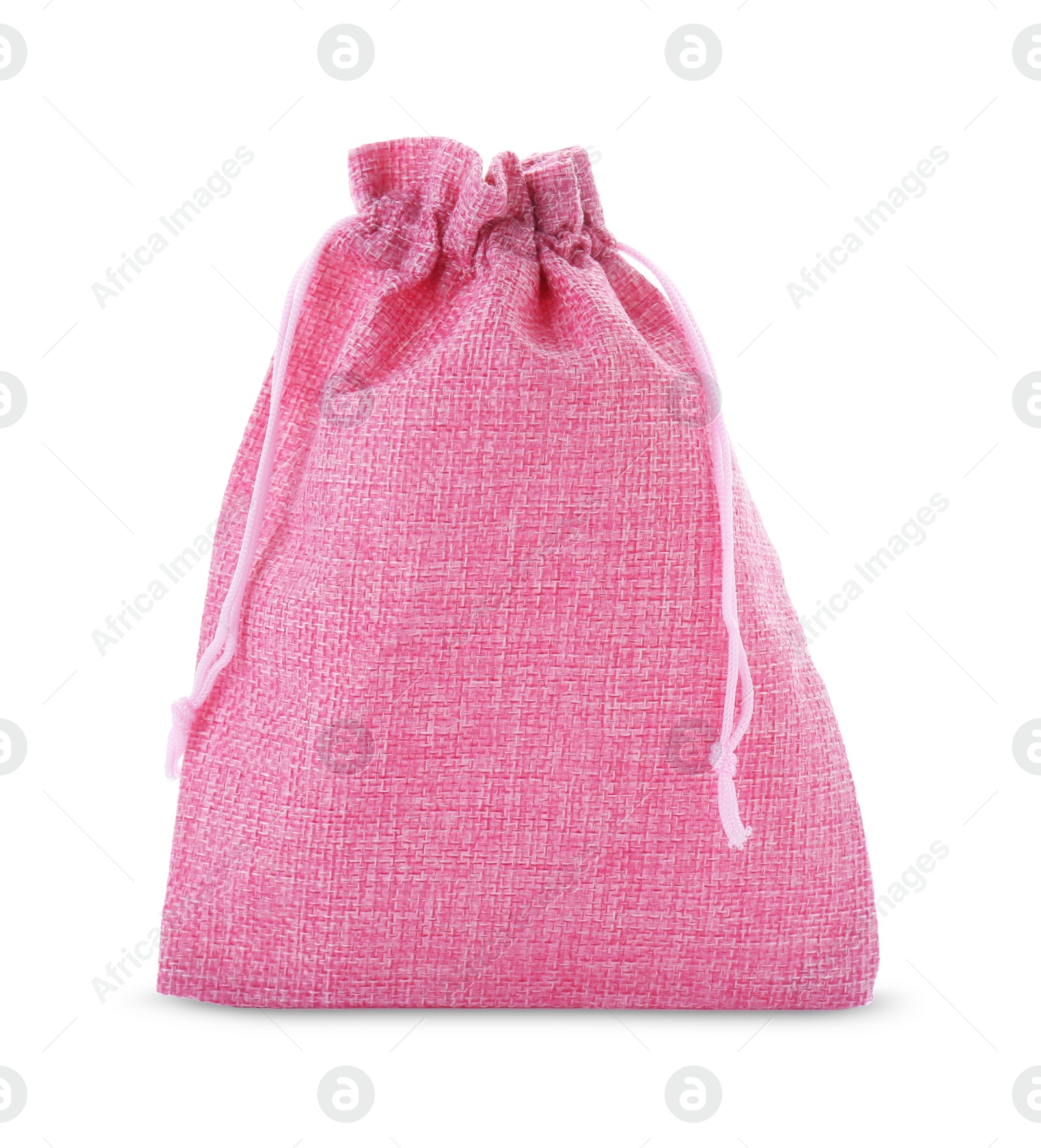 Photo of One pink burlap bag isolated on white