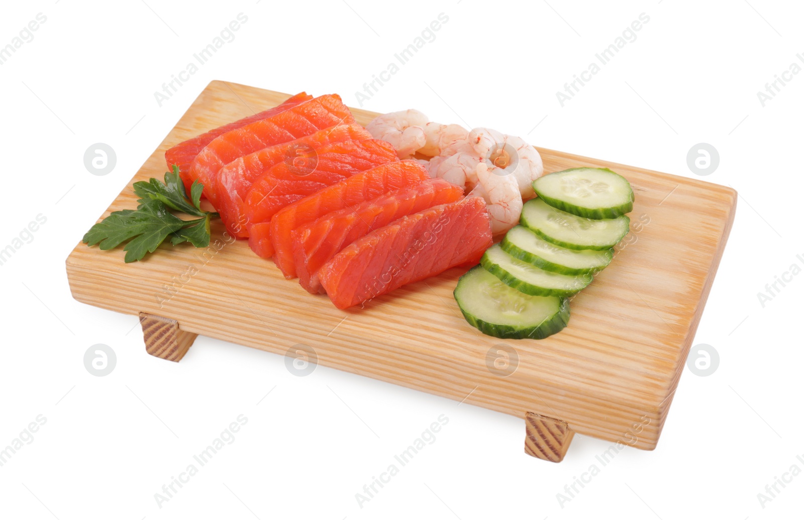 Photo of Delicious sashimi set of salmon and shrimps served with cucumbers and parsley isolated on white