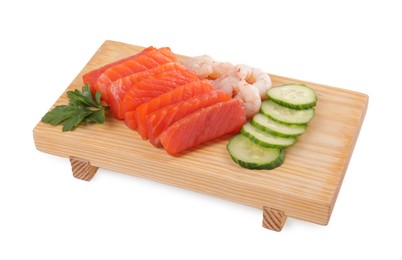 Photo of Delicious sashimi set of salmon and shrimps served with cucumbers and parsley isolated on white