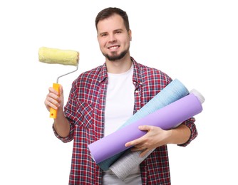 Man with wallpaper rolls and roller on white background