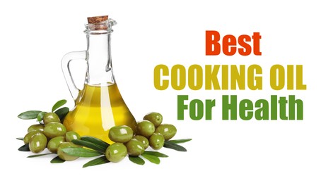 Image of Olive oil as best cooking oil for health. Text and product on white background