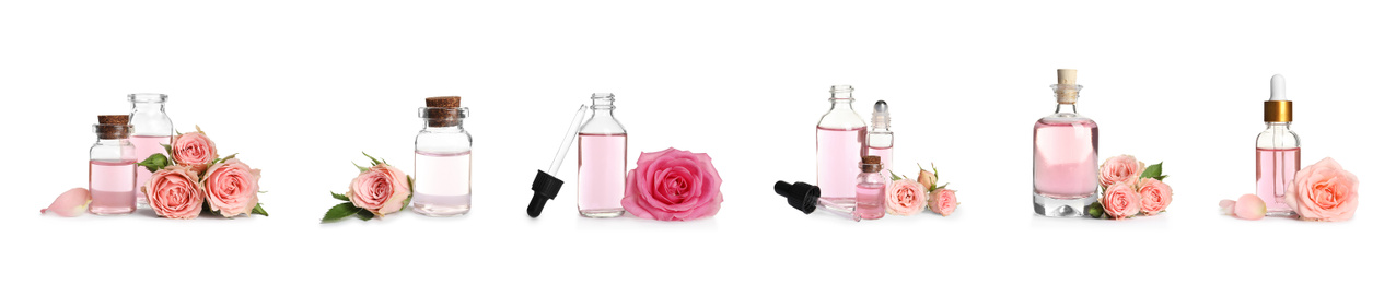 Image of Set with bottles of essential oils and rose flowers on white background. Banner design