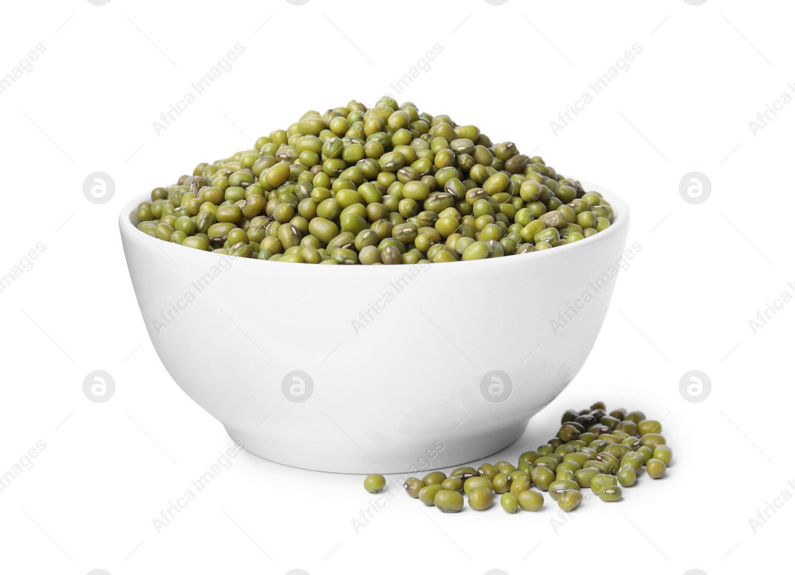 Photo of Bowl with green mung beans isolated on white. Organic grains