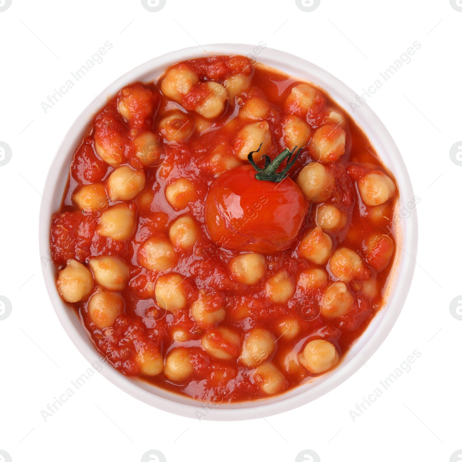 Photo of Delicious chickpea curry in bowl isolated on white, top view