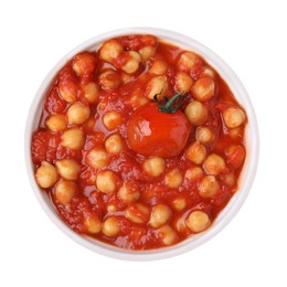 Delicious chickpea curry in bowl isolated on white, top view