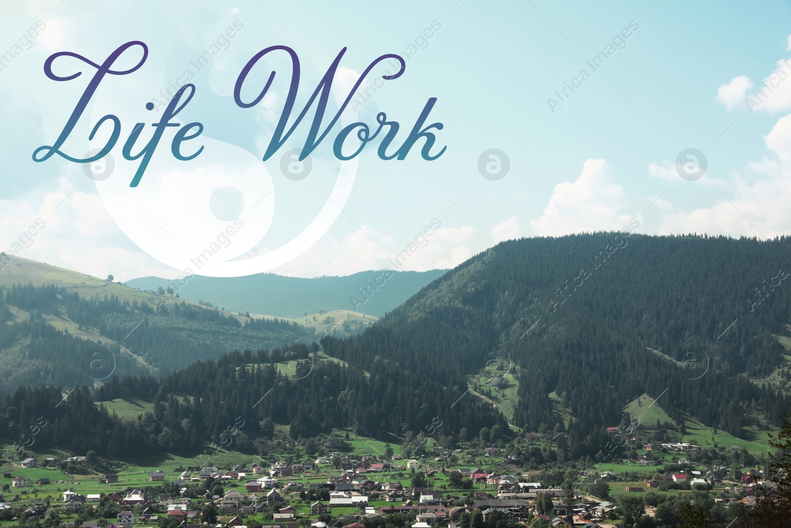 Image of Picturesque forest landscape with village in mountains. Concept of balance between work and life
