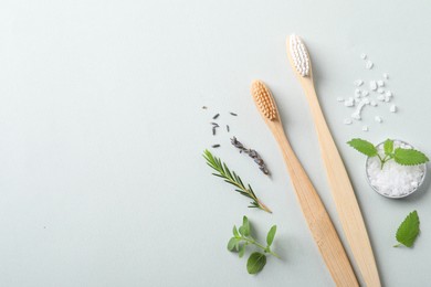 Photo of Flat lay composition with toothbrushes and herbs on white background. Space for text