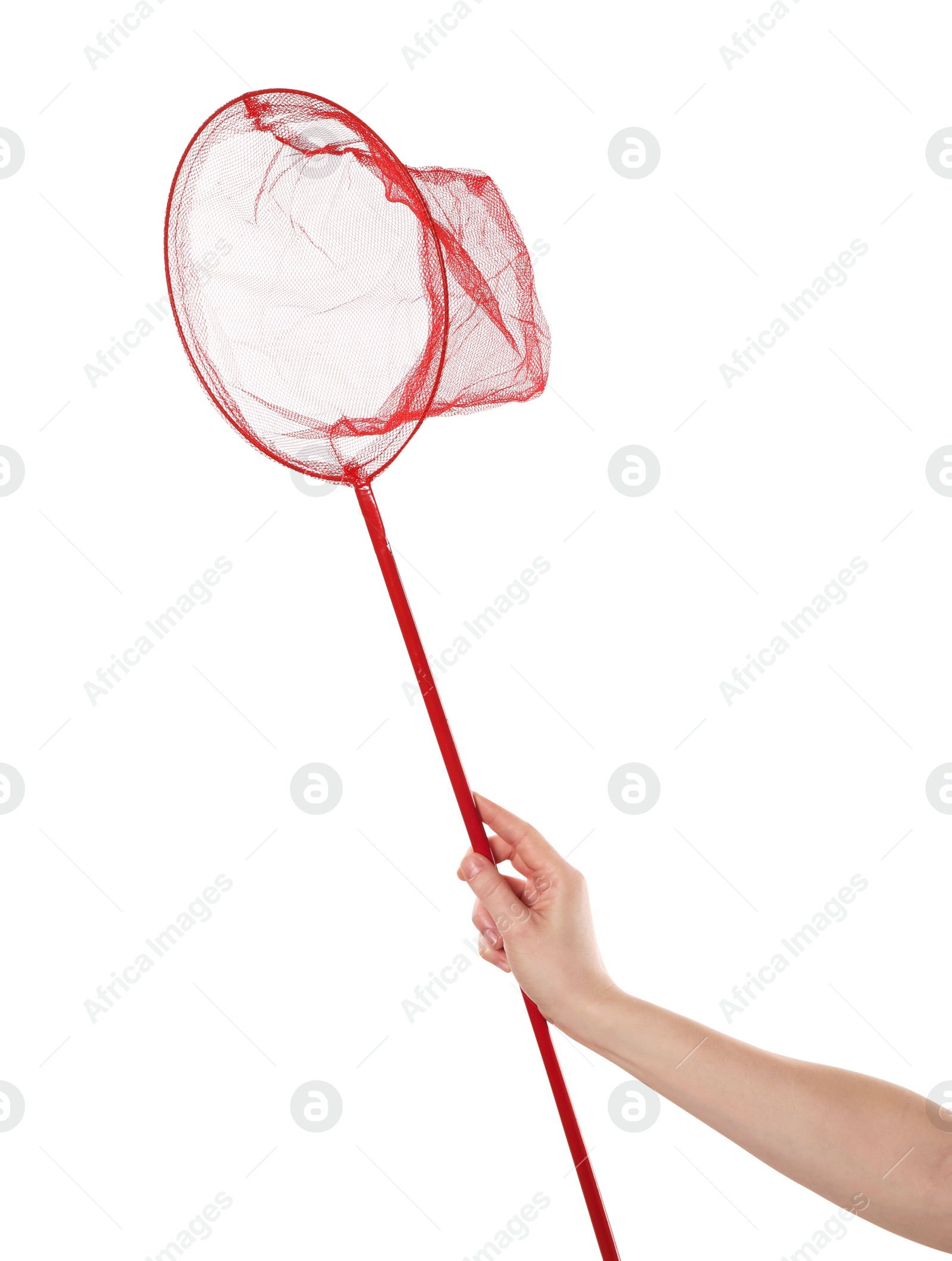 Photo of Woman with bright butterfly net on white background, closeup