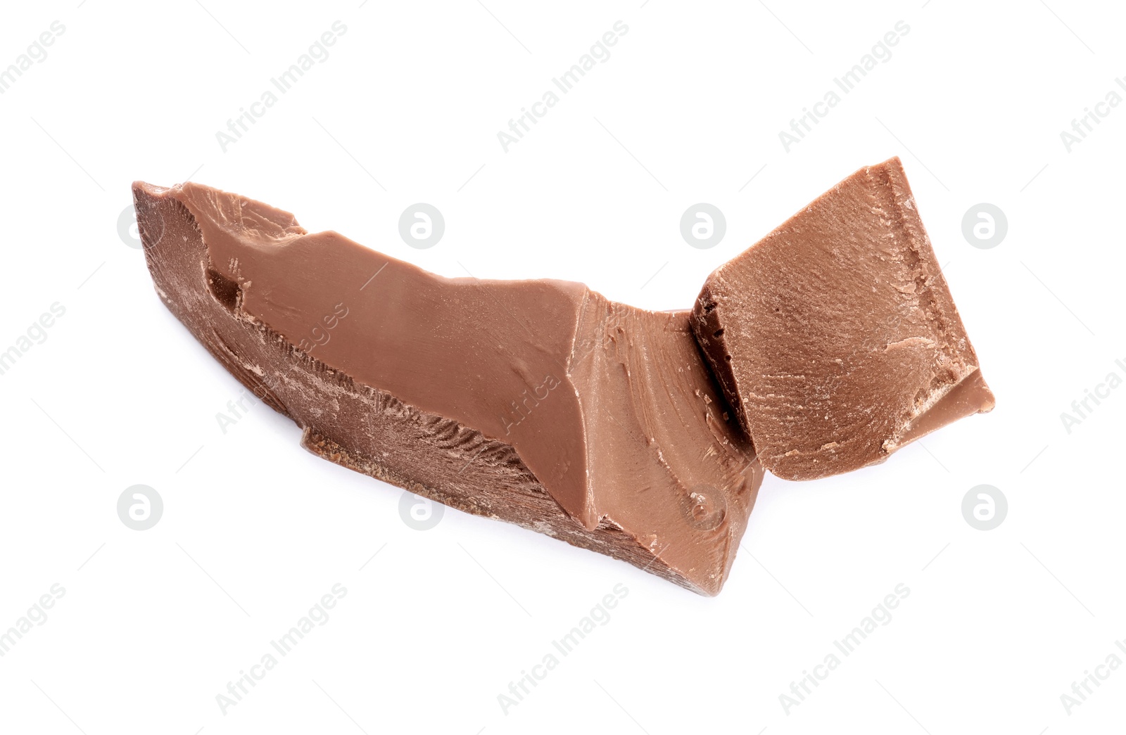 Photo of Pieces of tasty milk chocolate isolated on white, top view