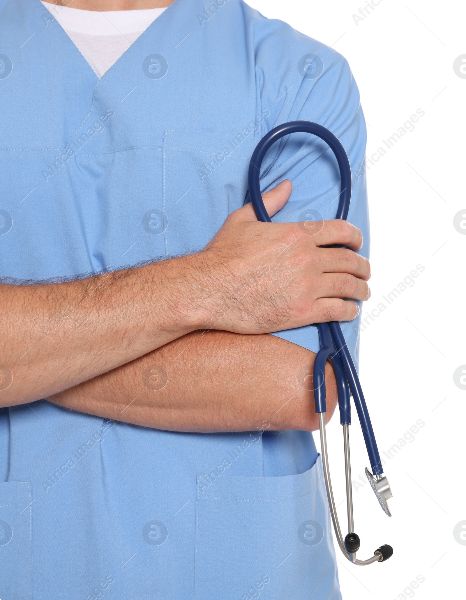 Photo of Doctor with stethoscope on white background, closeup