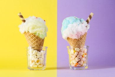 Photo of Sweet cotton candies in waffle cones and marshmallows on color background, closeup