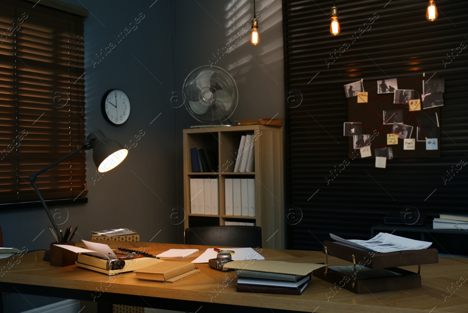 Photo of Detective office interior with evidence board on wall